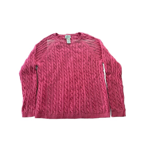 LL Bean Women’s Large Pink Cable Knit Fisherman Pullover Sweater 100% Cotton - Picture 1 of 4